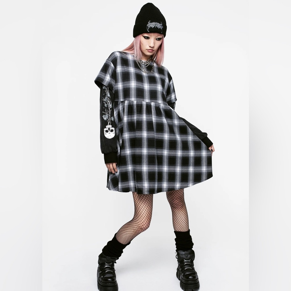 Hypnos Layered Sleeve Check Mini Dress